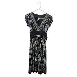 Vintage y2k 90's Teeze Me Babydoll Empire Dress Tie Sz S Geometric Cap Sleeve